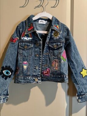Lola + The Boys Blue Denim Jacket with Colorful Patch Accents